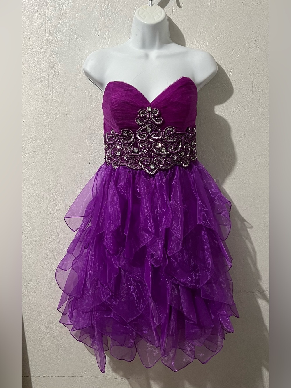 Aspeed Purple Ruffle Mini Dress Rhinestone Strapless Sweetheart W/ Neck Wrap, S
